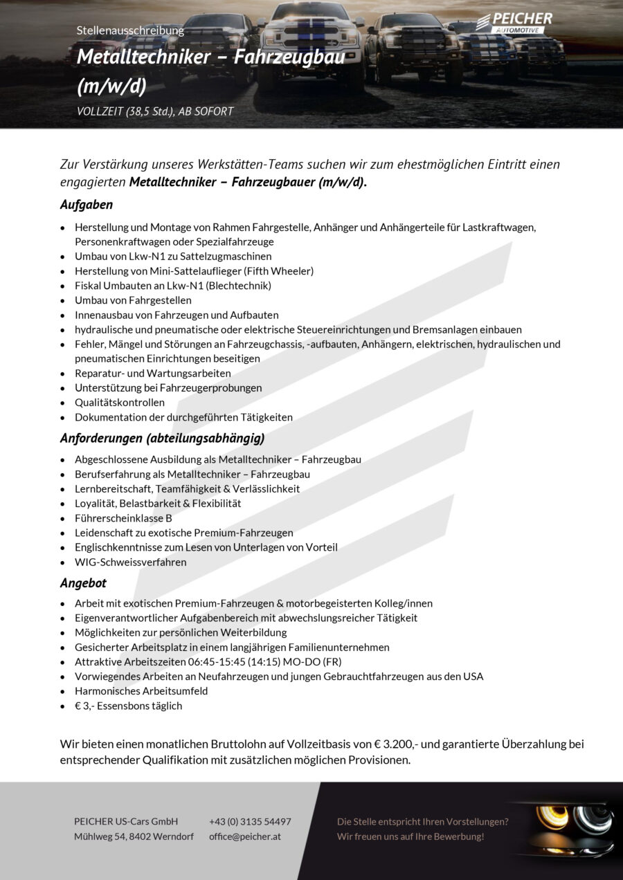 Stellenanzeige Metalltechniker - Fahrzeugbau